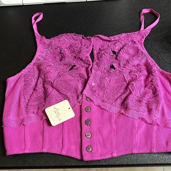 Free People Have My Heart Raspberry Sherbert Stretch Crop Tank Top Bralette M﻿﻿﻿ - Picture 4 of 10
